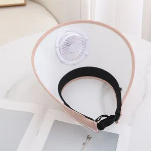 Women sun visor hat with built-in fan, wide brim UV protection summer outdoor cap.