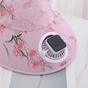 Close-up of pink floral sun hat with built-in solar fan for cooling outdoor protection