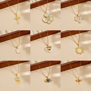 Exaggerated Floral Heart Sun Cross Stainless Steel Pendant Necklace Gold Plated Rhinestone Clavicle Chain For Women