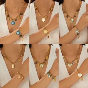 Stainless Steel Gold Plated Evil Eye Heart Pendant Necklace Bracelet Jewelry Set For Women Vintage Bohemian Enamel Charms Rhinestone Link Chain Jewelry