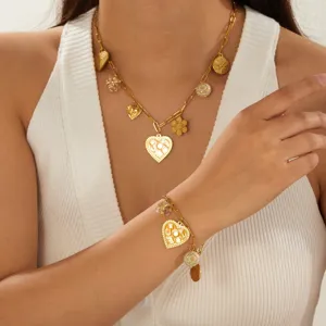 Fashion stainless steel gold plated heart pendant necklace and bracelet set for women