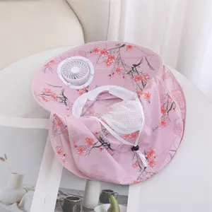 Pink floral sun hat with built-in mini electric fan, wide brim outdoor UV protection hat.