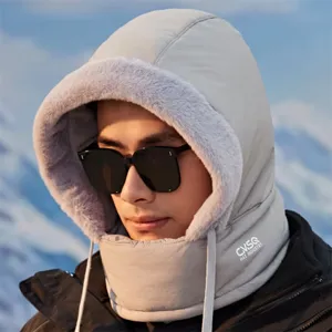 Winter cycling windproof balaclava hat with plush lining for cold weather outdoor sports.