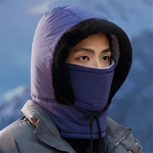 Close-up detail of winter thermal windproof cycling hat with integrated face mask and fur trim.