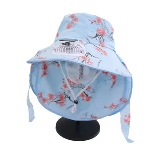 Summer solar powered fan sun hat with face shield breathable uv protection cap blue floral