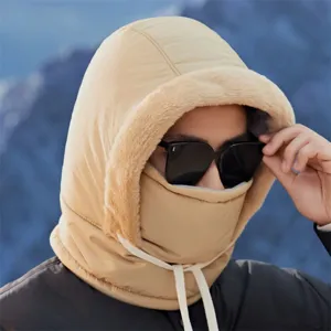 Winter windproof thermal balaclava hood with plush brim and adjustable drawstrings for cycling.