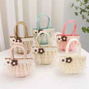 Sweet mesh pearl kids mini straw woven handbag cute baby photo prop toddler coin purse