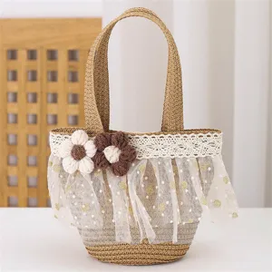 Sweet children mini straw woven bag with lace mesh and crochet flowers for cute girls daily