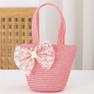 Bolso de mano de paja rosa para niños con lindo lazo de encaje y tierno conejo, bolso de verano.