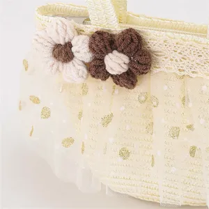 Children's mini straw woven coin purse with cute crochet flowers lace trim and polka dot mesh.