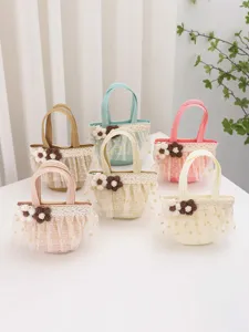 Kids Mini Straw Woven Bag Cute Mesh Pearl Toddler Coin Purse Sweet Floral Lace Ribbon Crossbody Handbag For Girls Photo Travel Gift