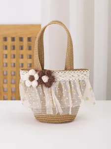 Sweet Children Straw Woven Handbag Cute Mesh Lace Floral Mini Tote Bag for Toddler Girls