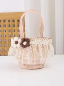 Kids mini straw woven bag with sweet lace mesh and cute floral decor, perfect for daily wear.