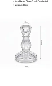 Clear glass candlestick holder detail view showing vertical stripes and dimensions.