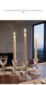 Retro vertical stripe high-transparency glass candlestick detail view for romantic table decor.