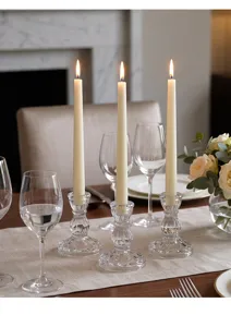 Nordic vintage striped glass candle holder detail view, elegant dining table decor piece.