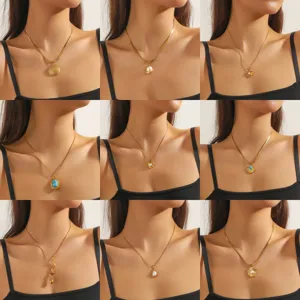 Euro-American Stainless Steel Gold Plated Jewelry Set For Women Fashion Irregular Heart Flower Geometric Pendant Necklace Earrings Artificial Pearl Jewelry Set