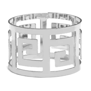Silver metal napkin ring with elegant cutout Greek key geometric pattern for dining table decor.