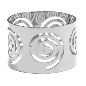 Silver metal napkin ring with hollow spiral design for table setting and home decor detail.