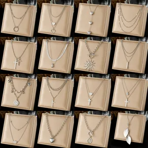 Fashion Stainless Steel Layered Pendant Necklace For Women Men Gold Silver Plated Cross Heart Sun Leaf Stacking Choker Daily Jewelry Gift