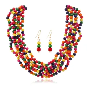 Bohemian Ethnisch Mehrfarbig Holzperlen Quaste Halskette Ohrringe Set Afrikanischer Stil Mehrlagig Strand Choker Ohrringe Set Für Damen Party Urlaub Schmuck Geschenk