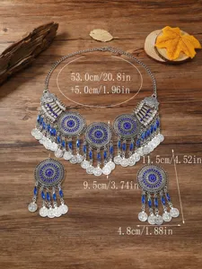 Vintage silberfarbene blaue Strass Münze Quaste Halskette Ohrringe Set Boho Schmuck