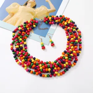 Farbenfrohe mehrlagige Holzperlen Statement Halskette Ohrringe Boho Schmuck Set.
