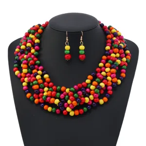 Bunte mehrschichtige Holzperlen Halskette und Ohrringe Set Bohème Statement Schmuck Damen