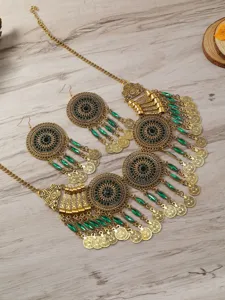 Böhmisches Vintage Münz Quasten Halskette Ohrringe Set, goldfarben Statement Schmuck.
