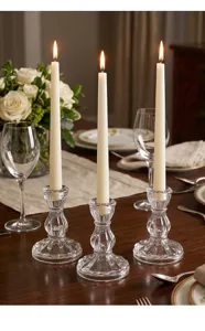 Nordic retro vertical striped glass candlestick detail, romantic candlelight dinner desktop decor.