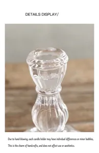 Close-up detail of vintage ribbed glass candlestick holder, clear material craftsmanship.