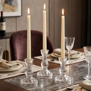 Nordic minimalist vintage vertical stripe glass candle holder set with white taper candles for dining table