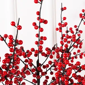 Red artificial winterberry branch detail shot, perfect for home living room and holiday decor.