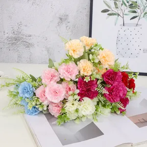 Detailed closeup view of multicolored artificial carnation bouquet arrangement for decor.