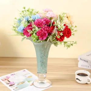 European artificial colorful carnation flower bouquet with elegant green vase for home decor