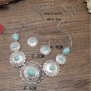 Detail view of vintage turquoise necklace and earrings set featuring intricate floral metal design.
