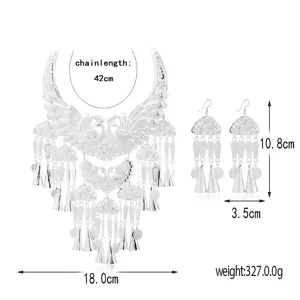 Detailed view of the vintage peacock silver necklace and earrings set with size specs.