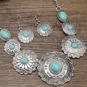 Boho vintage turquoise necklace earrings set, bohemian flower pendant jewelry for women.