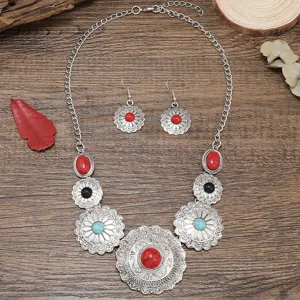 Bohemian vintage turquoise necklace and earrings fashion jewelry set for women