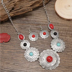 Bohemian vintage silver turquoise necklace earrings set, retro floral pendant jewelry.
