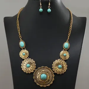 Vintage turquoise necklace earrings set, bohemian gold floral pendant jewelry details.