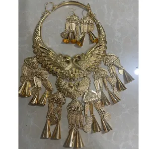 Ethnic peacock choker necklace set with earrings, vintage gold statement jewelry for women.