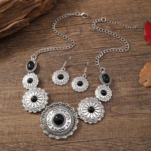 Vintage boho silver tone black stone flower necklace earrings jewelry set for women.