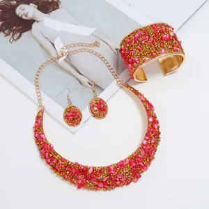 Conjunto de joyas de piedra triturada rosa collar pulsera aretes para mujeres