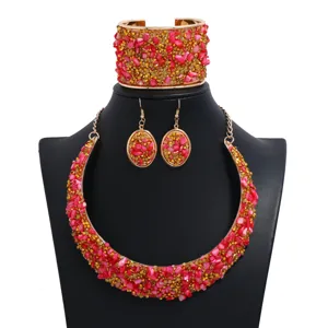 Chic moda europea rosa piedra triturada collar pulsera pendientes conjunto de joyas