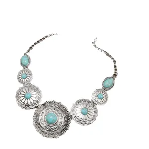 Bohemian retro turquoise statement necklace with vintage silver flower metal charms for women