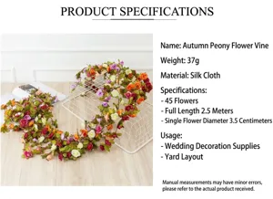 Artificial silk rose flower vines for wedding and outdoor garden decoration, 2.5m long.