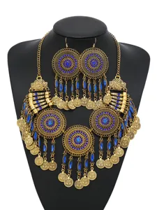 Vintage Münzen Quaste Halskette und Ohrringe Set für Damen Retro Mode Schmuck