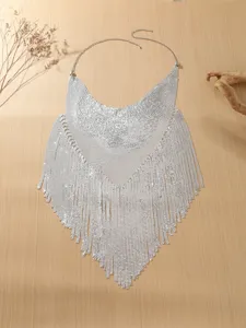 Silver sequin fringe body chain rhinestone hip scarf dance waist jewelry for women performance.