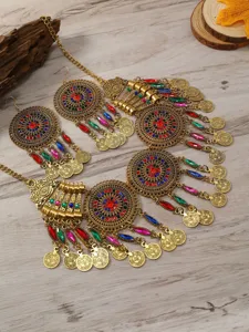 Böhmisches Retro Mehrschicht Münzen Quasten Halskette Ohrringe Set, Party Schmuck.